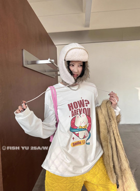 正品现货FISHYU冬季新款韩货卡通兔子印花宽松圆领加绒长袖t恤女