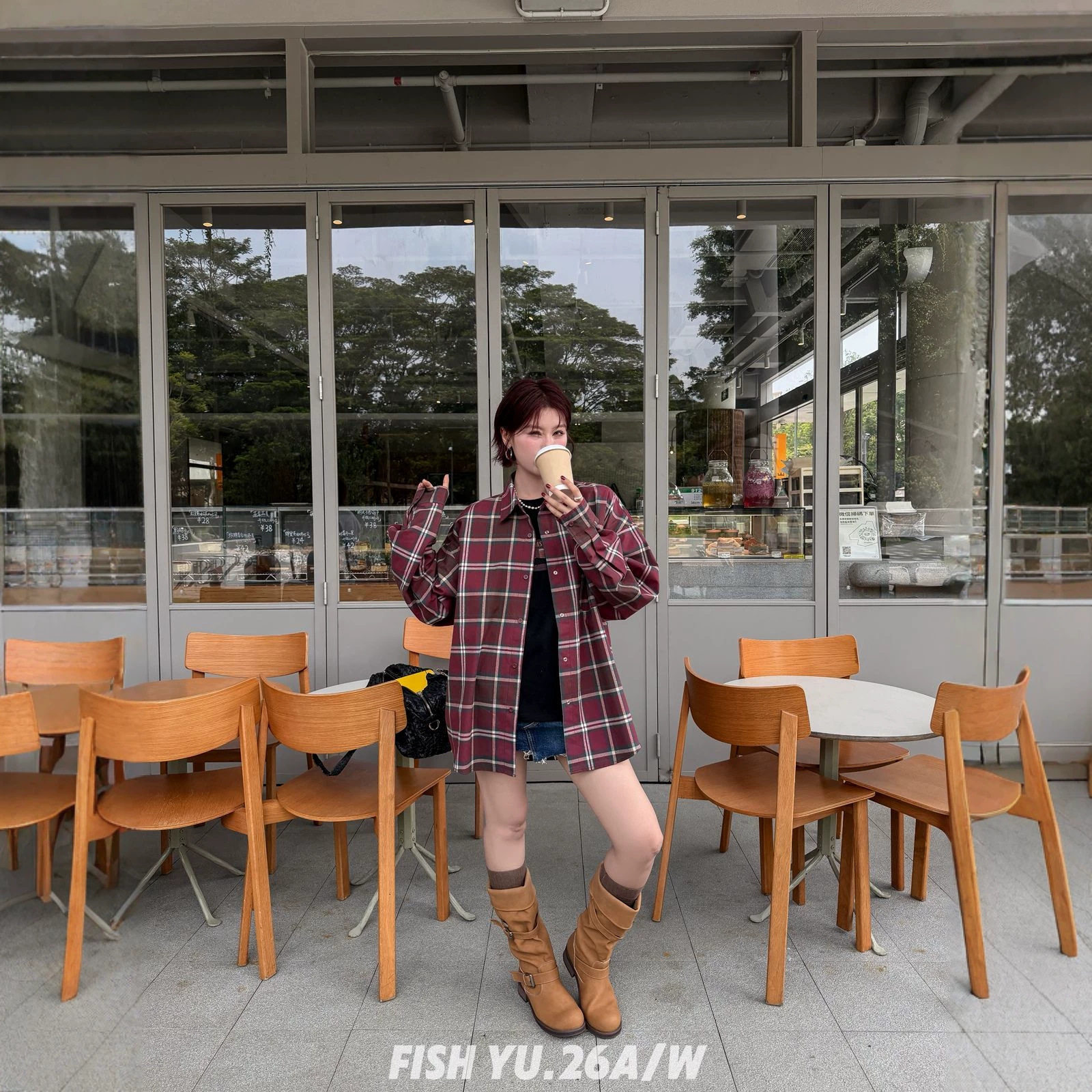 正品现货FISHYU早秋新款美式复古酒红格纹手绘晕染喷漆大版衬衫女