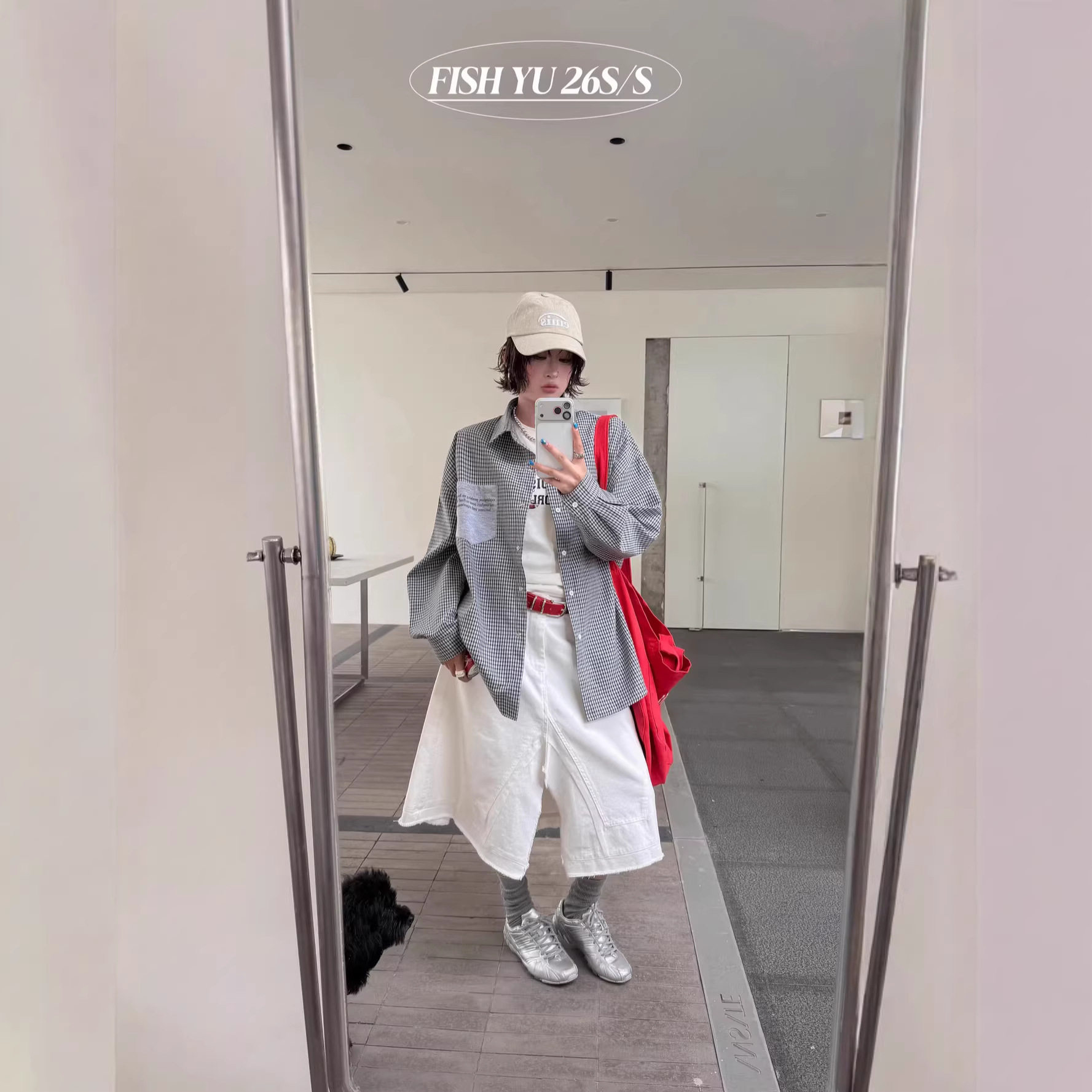 正品现货FISHYU早春新款韩系miu风小格子英文印花拼接薄款衬衫女