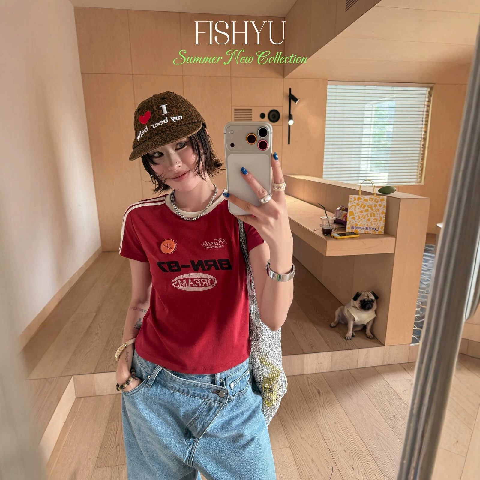 FISHYU夏季新款复古撞色字母印花可拆卸徽章拼接三杠包边短袖t恤