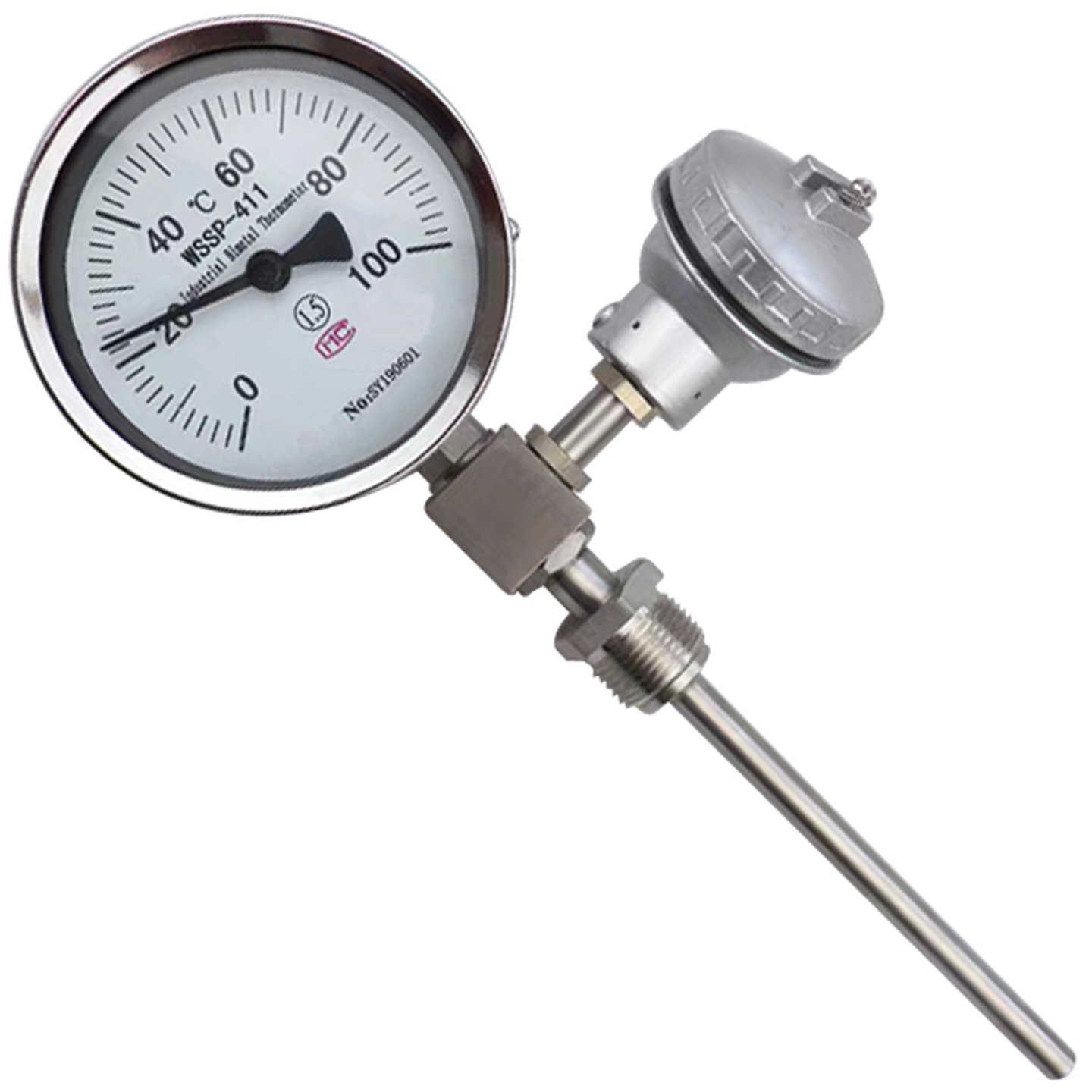 wssp-411b 一体化双金属温度计/表 4-20mA 带pt100热电阻 0-100℃