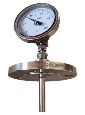 不锈钢法兰套管双金属温度计 WSS-484W 抽芯式温度表0-200℃ dn40