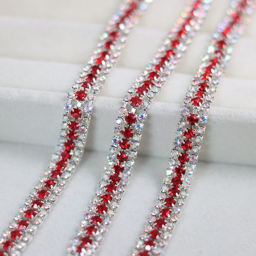 三排大红加AB银底玻璃水钻链条