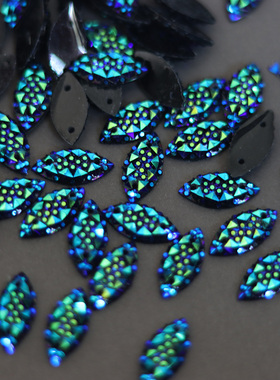 50颗蓝黑色马眼手缝钻7x15mm树脂水钻平底双孔服饰装饰辅料DIY