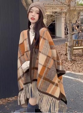 Viney披肩女2023新款围巾女格子百搭空调房斗篷护肩颈毛毯女外搭