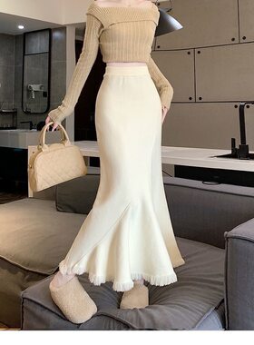26针织半身裙秋冬款女加厚毛边流苏鱼尾裙中长款高腰a字包臀裙