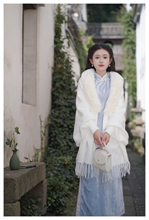 水貂绒披肩外套2023秋冬复古民国风流苏大毛领配旗袍斗篷披风外搭