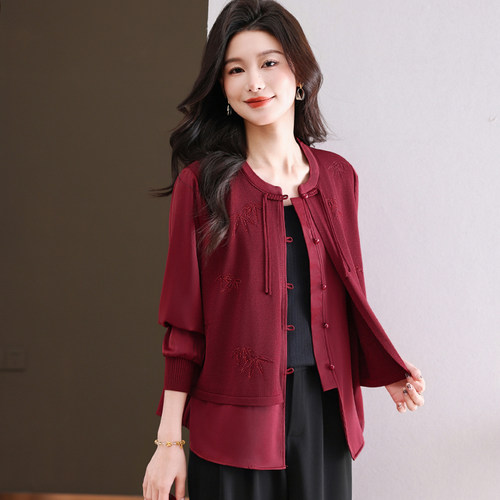 2026初春拼接假两件针织开衫女