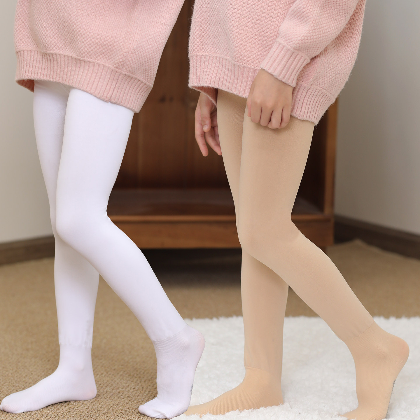 儿童舞蹈袜加绒秋冬女童白色连裤袜肤色打底裤光腿神器薄绒九分裤