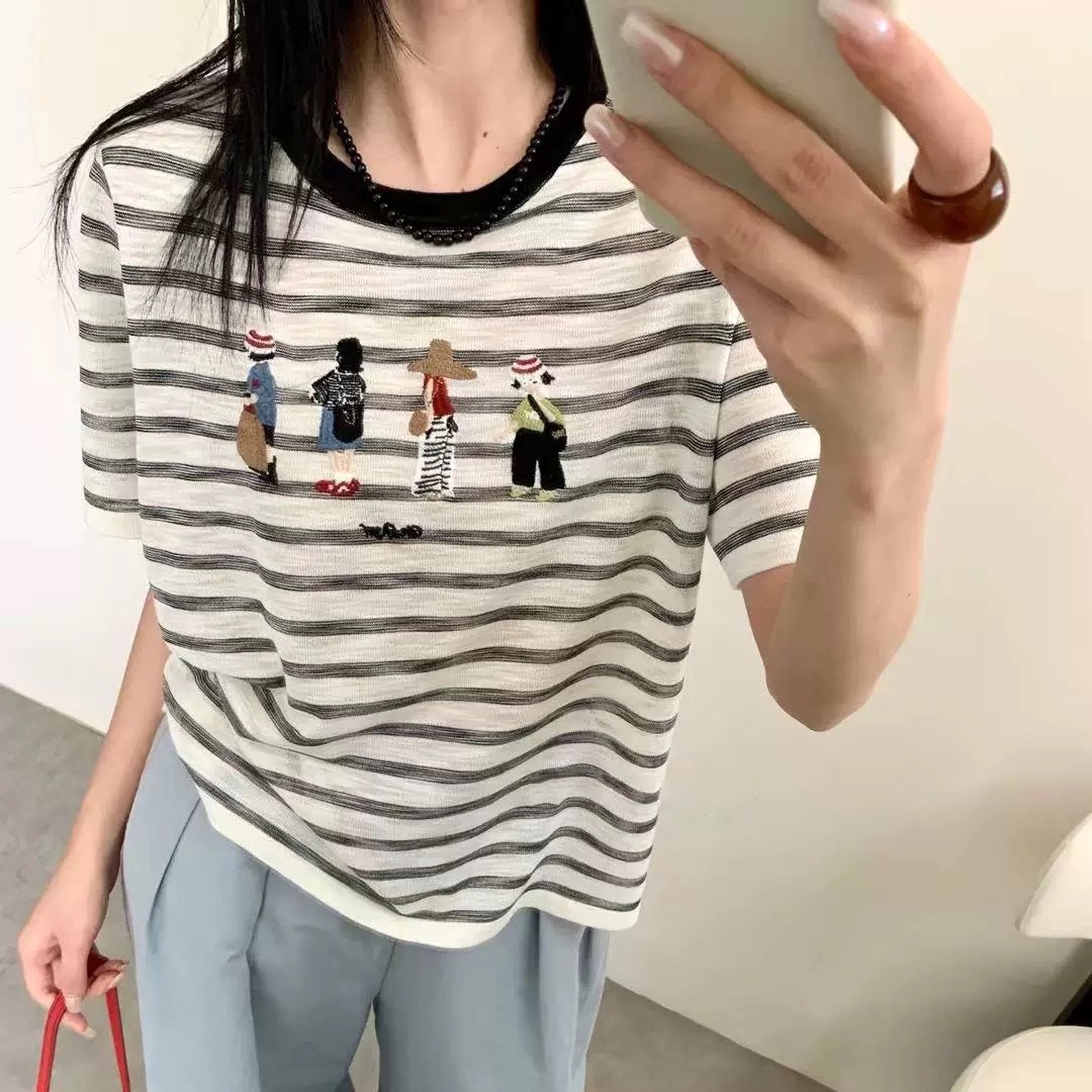 莱赛尔条纹针织短袖t恤女2025新款夏季薄款宽松时尚减龄打底上衣