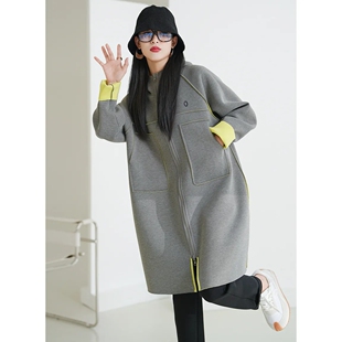 欧美风通勤防风连帽撞色设计感直筒太空棉开衫 中长风衣女外套秋季