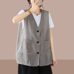 2026夏季薄款透气新款马夹大码女装时尚宽松休闲马甲纯色开衫外套