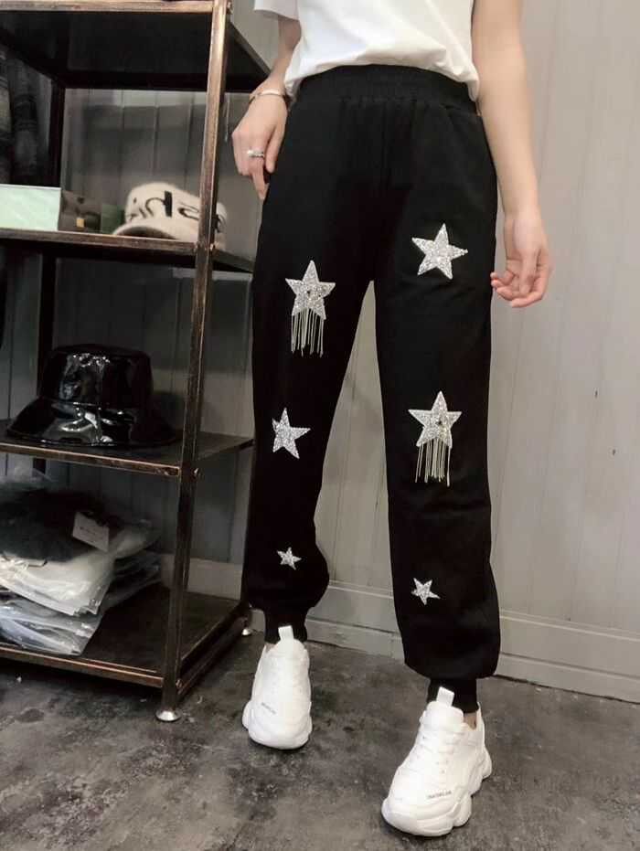 欧货重工卫裤女2025春夏新款烫钻五角星运动裤长裤哈伦裤休闲裤潮