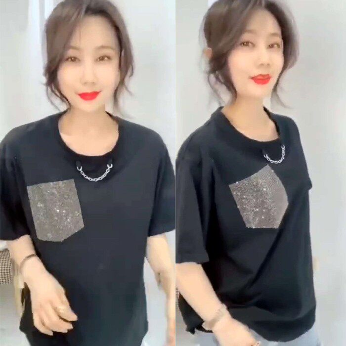 欧货重工T恤女短袖2025春夏外贸港风烫钻宽松半袖上衣创意打底衫