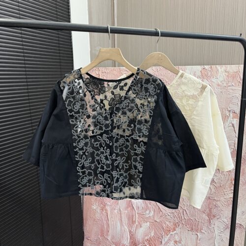 夏日「镂空拼接宽松」短袖罩衫短外套女E7530