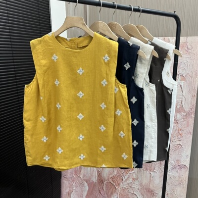 麻料「刺绣休闲宽松」文艺背心女E7536