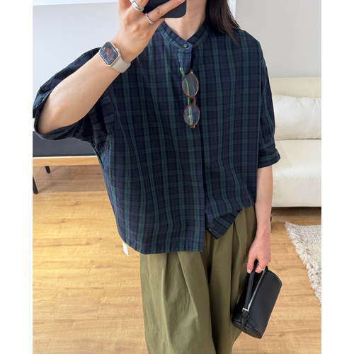 「木佐严选」色织格高品质单排扣圆领短袖衬衫女E7706