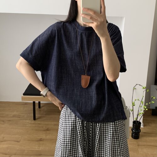 「木佐严选」廓形拼接宽松牛仔圆领套头T恤女E7598