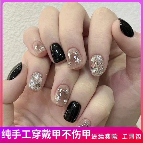手工穿戴甲黑色银色假指甲贴片光疗美甲成品爆闪钻四芒星短款学生