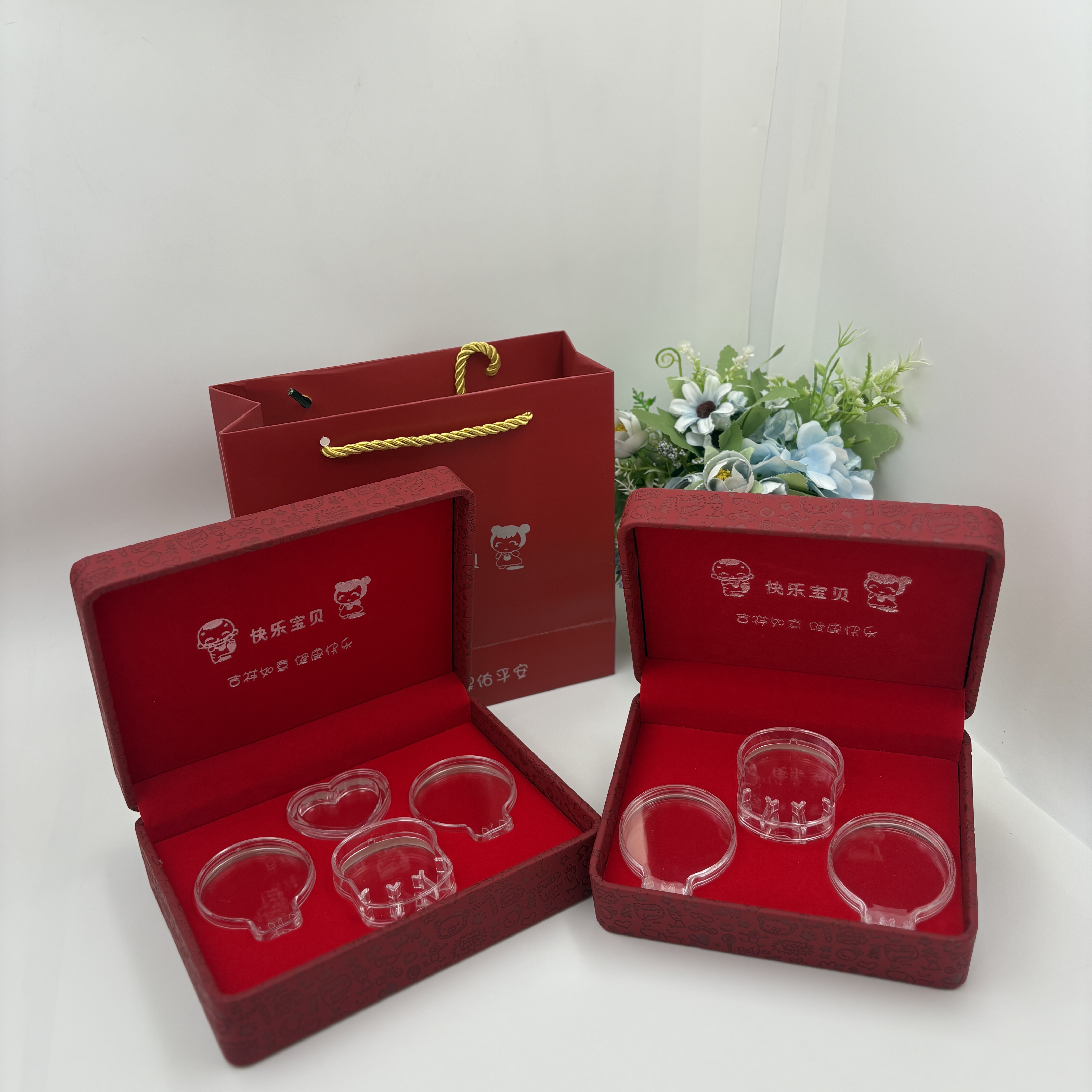 宝宝银饰黄金套装盒儿童手镯长命锁礼品盒出生满月送礼包装首饰盒