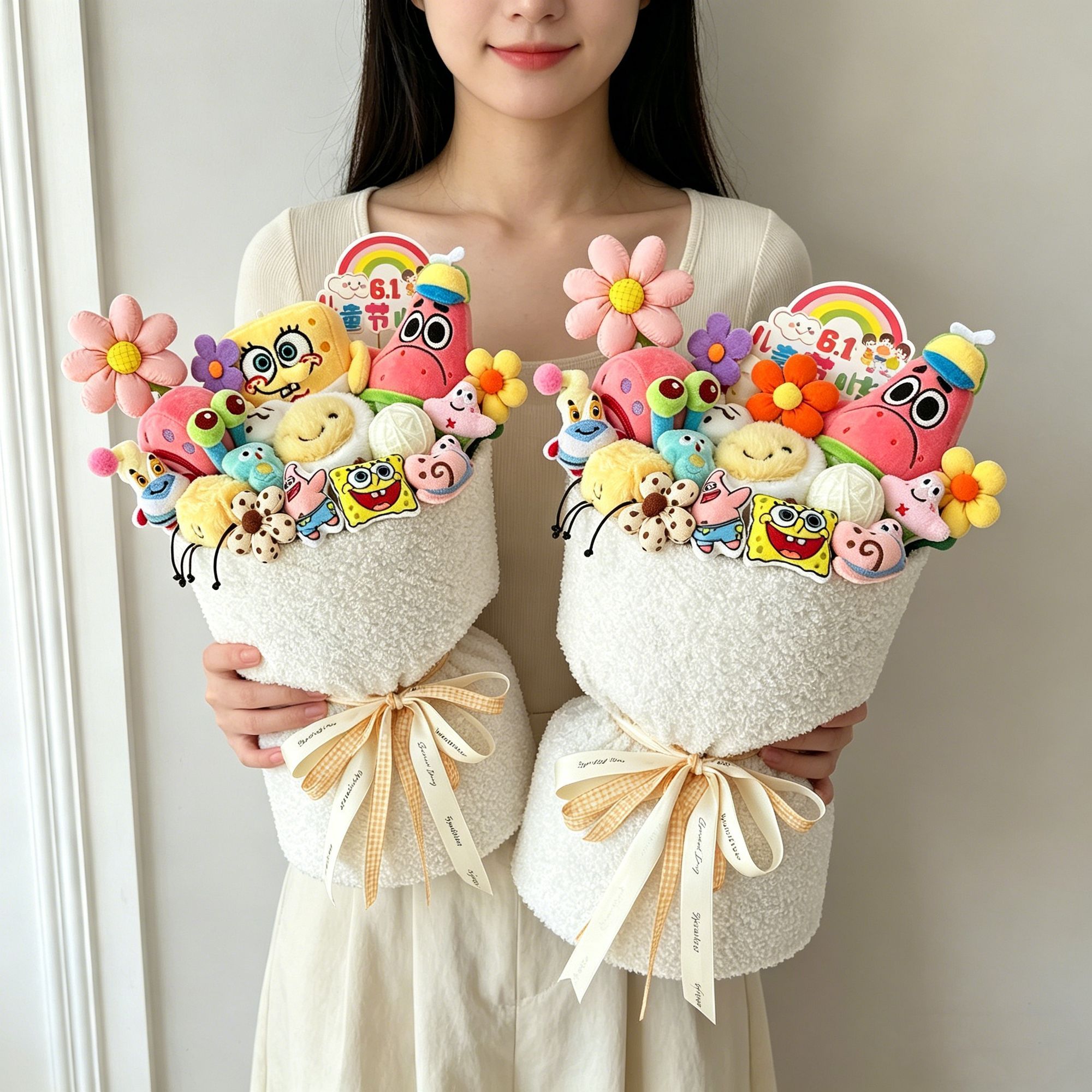 六一儿童节花束海绵宝宝和派大星卡通玩偶花束创意送女孩生日礼物图片
