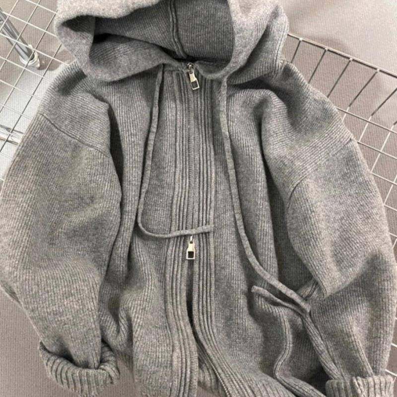 灰色连帽毛衣外套女宽松春秋冬外搭慵懒风加厚针织双拉链卫衣开衫