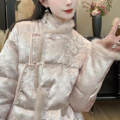新中式国风刺绣花盘扣棉服女装新款2025冬季立领真水貂毛外套棉衣