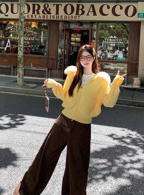 黄色拉链毛衣秋冬女款2025新款连帽外套针织开衫慵懒风上衣