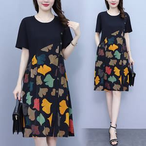 RM15922#时尚印花拼接连衣裙女2023夏季新款气质减龄遮肉韩版大码裙子