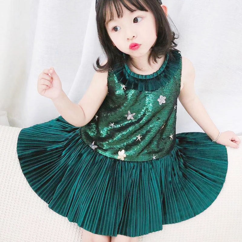 女童连衣裙夏季新款百褶亮片纱裙公主裙宝宝周岁生日礼服墨绿色
