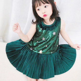 女童连衣裙夏季新款百褶亮片纱裙公主裙宝宝周岁生日礼服墨绿色