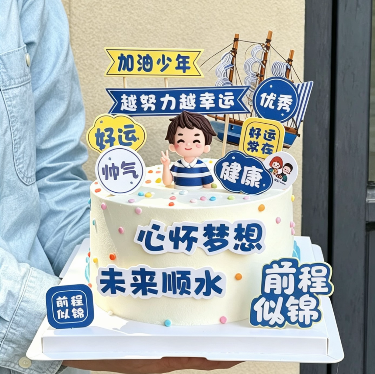 毕业季蛋糕装饰可爱软胶格纹男孩女孩摆件加油少年越努力越幸运牌