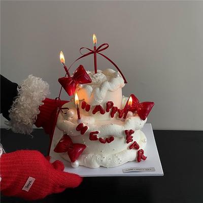 2025年新年跨年皮质蝴蝶结蛋糕装饰插件happynewyear红色蜡烛插件