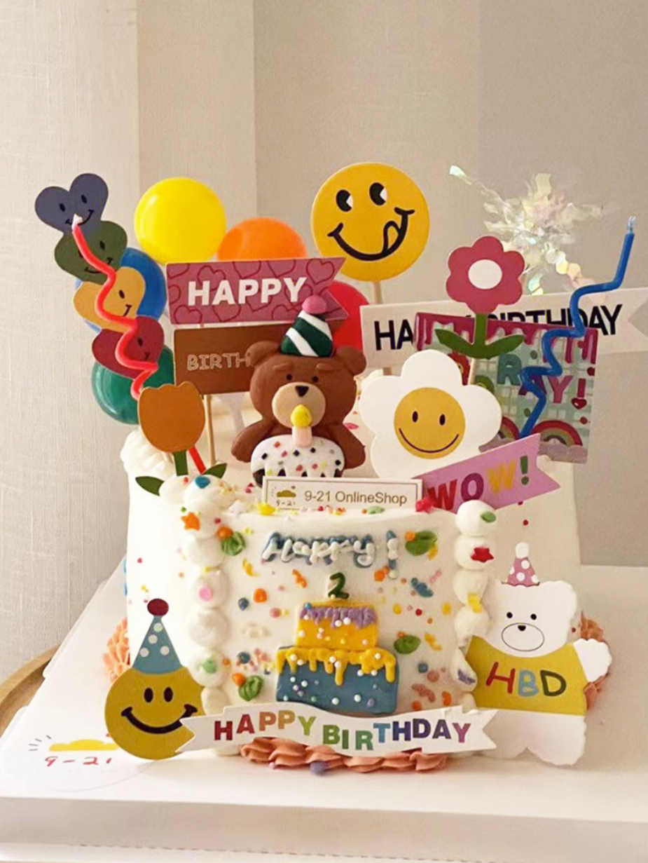 韩式ins风蛋糕装饰软陶吹蜡烛小熊小花HBD小仙女生日蛋糕插牌插件