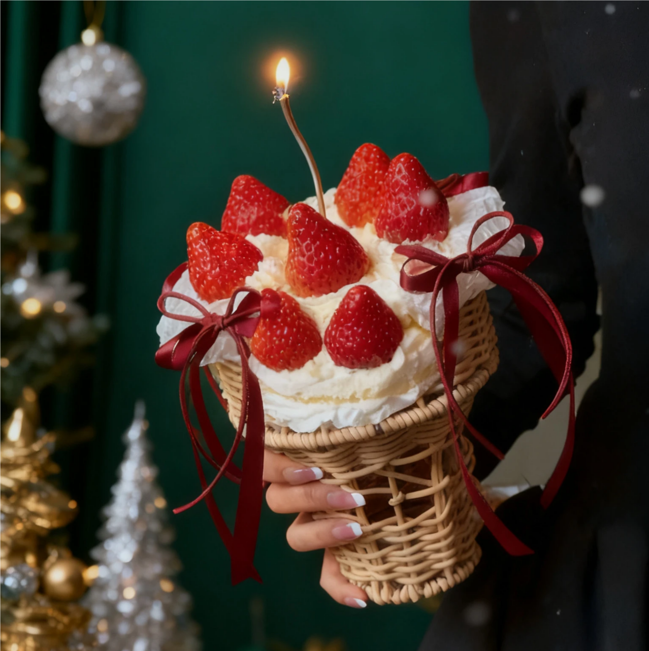 网红圣诞节雪梨纸草莓花束蛋糕装饰摆件创意冰激凌花托手捧花篮