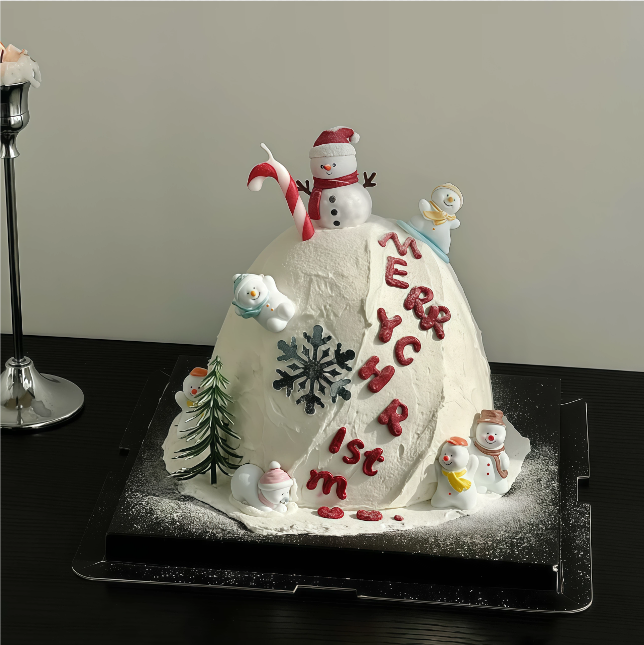 2025圣诞节滑雪主题甜品蛋糕装饰卡通树脂小雪人摆件拐杖蜡烛摆件