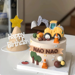 工程车生日蛋糕装饰摆件挖掘机挖土机儿童男孩路障吊车烘焙插件