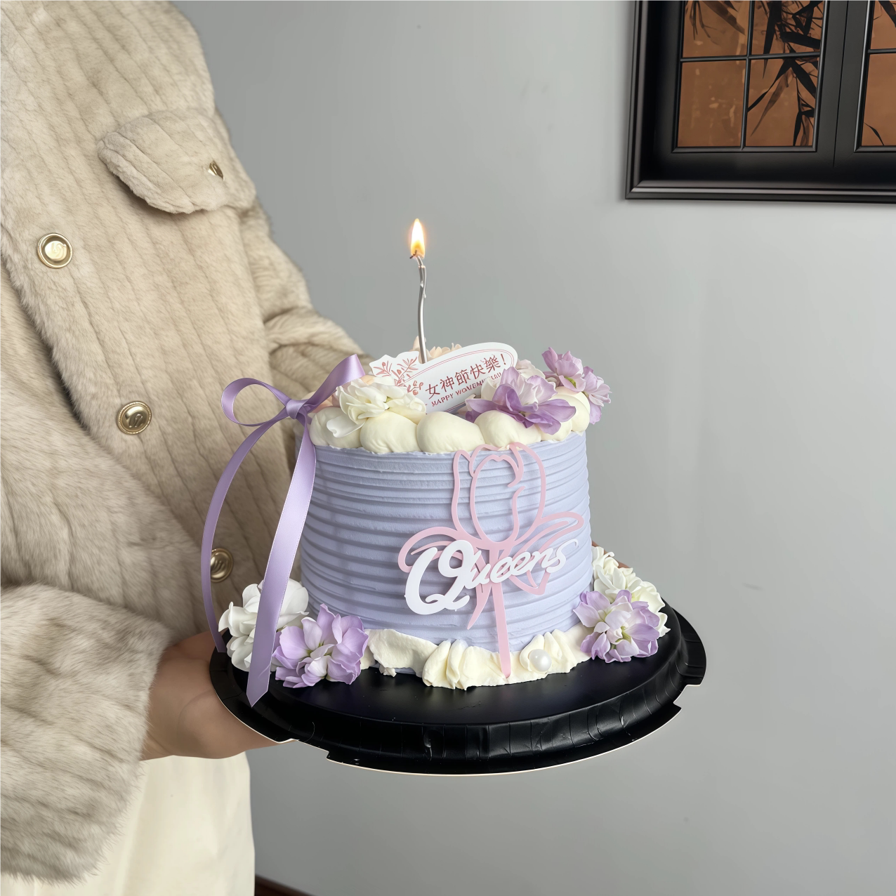 女神节快乐蛋糕装饰插牌亚克力花queen插件紫罗兰紫色蝴蝶结丝带