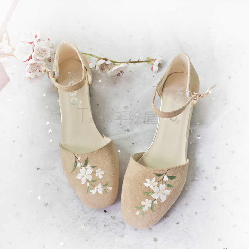 手绘包头凉单鞋手绘古风汉服浅口