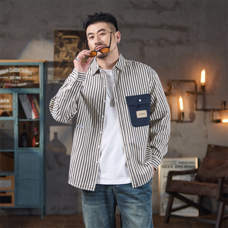 高端竖条纹衬衫男士春秋季潮牌宽松贴袋设计长袖复古纯棉工装衬衣