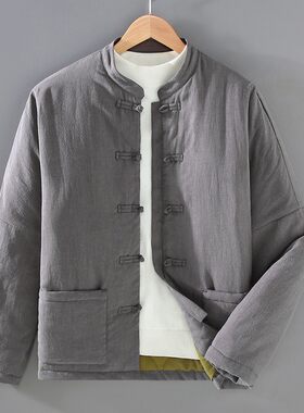 G180冬季中国风天丝苎麻休闲复古唐装棉服男士青年保暖长袖外套