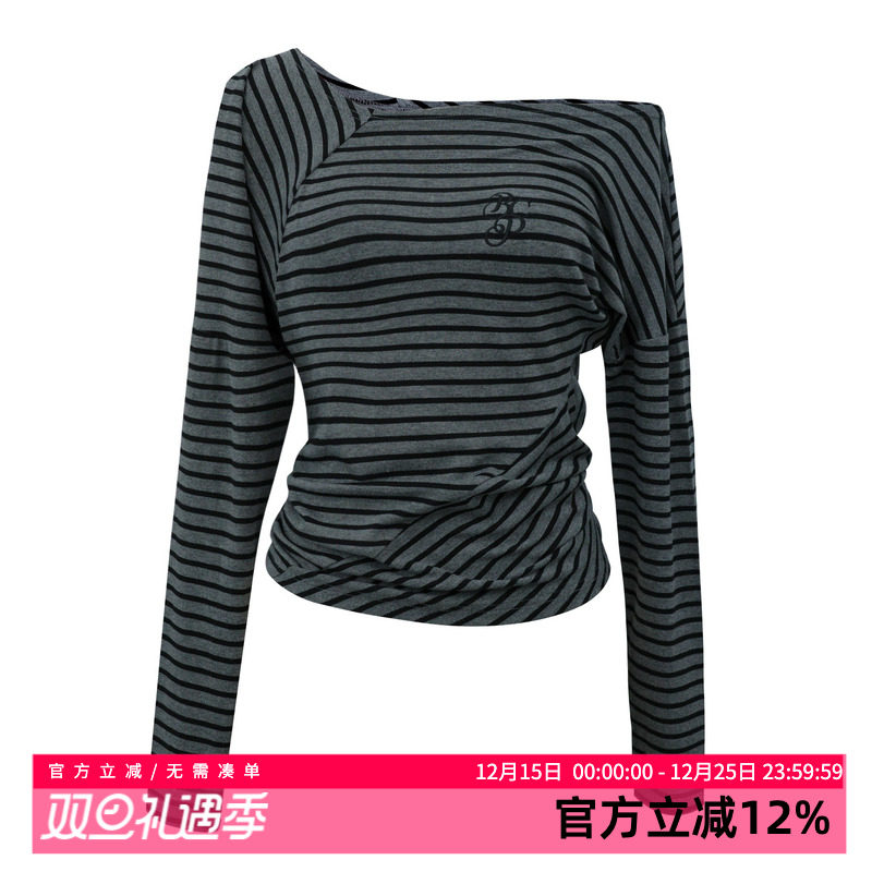 黑喵像素黑灰条纹不规则斜肩长袖