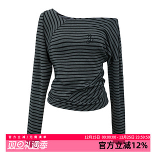 bm风宽松通勤休闲女 打底修身 黑喵像素 黑灰条纹不规则斜肩长袖