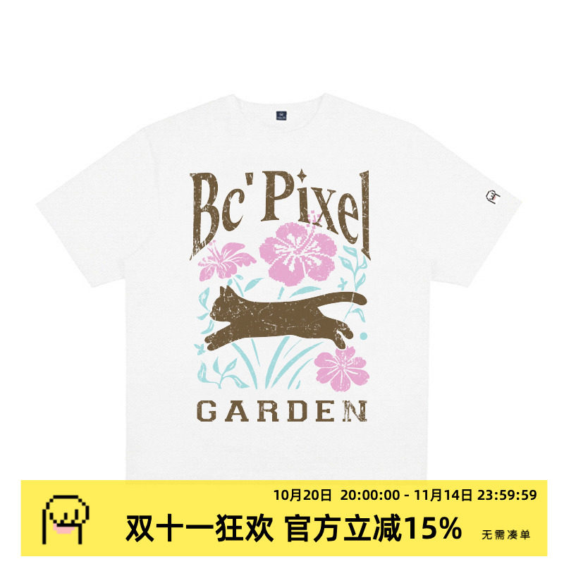 黑喵像素 花园猫印花美式夏日短袖T恤圆领宽松休闲男女情侣