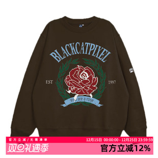 卫衣秋冬 圆领基础长袖 黑喵像素 复古玫瑰印花情侣宽松休闲美式