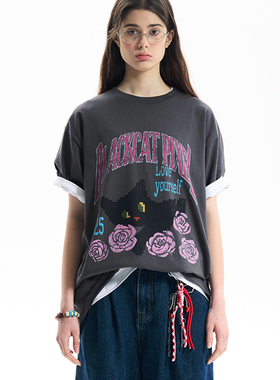 黑喵像素 夏季午后玫瑰猫纯棉宽大短袖T恤圆领宽松休闲男女情侣