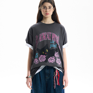 黑喵像素 夏季午后玫瑰猫纯棉宽大短袖T恤圆领宽松休闲男女情侣