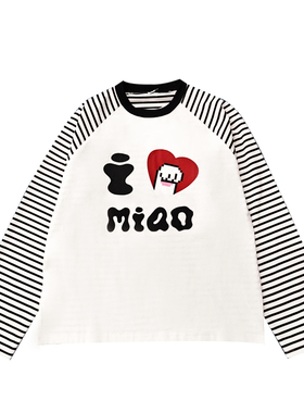 黑喵像素ilove喵短语美式黑白条纹拼接插肩袖印花休闲长袖T恤打底
