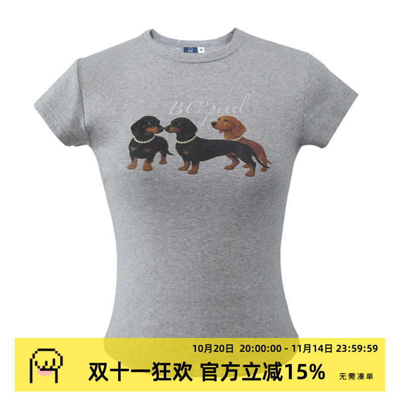 黑喵像素 珍珠腊肠狗圆领短袖t恤修身显瘦正肩休闲上衣女