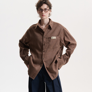 黑喵像素 棕咖格子条纹美式复古宽松oversize大码长袖衬衫外套